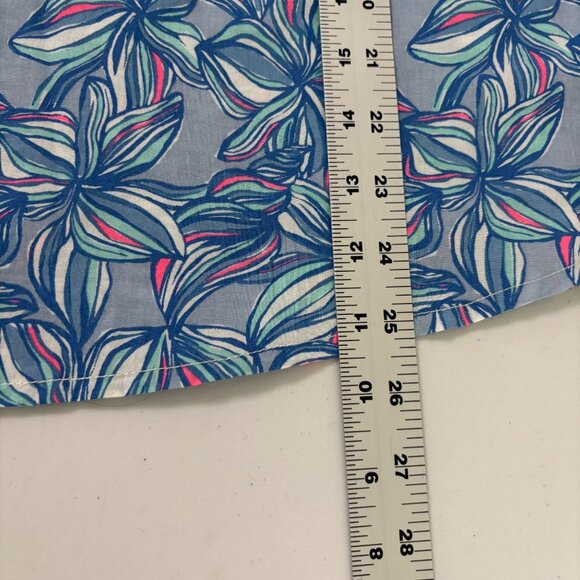 Liza Byrd Popover Top Size S Blue Pink Floral 3/4 Roll Tab Sleeve V Neck Beach - Picture 10 of 10
